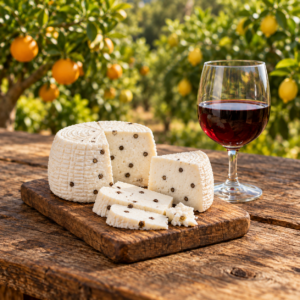 Primo sale al pepe e calice di vino rosso nell’agrumeto di Villarè
